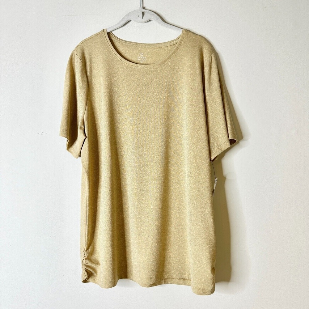 Talbots Top Women 1X Gold Metallic Tunic Tee Ruched Classic Boho Lagenlook NWT